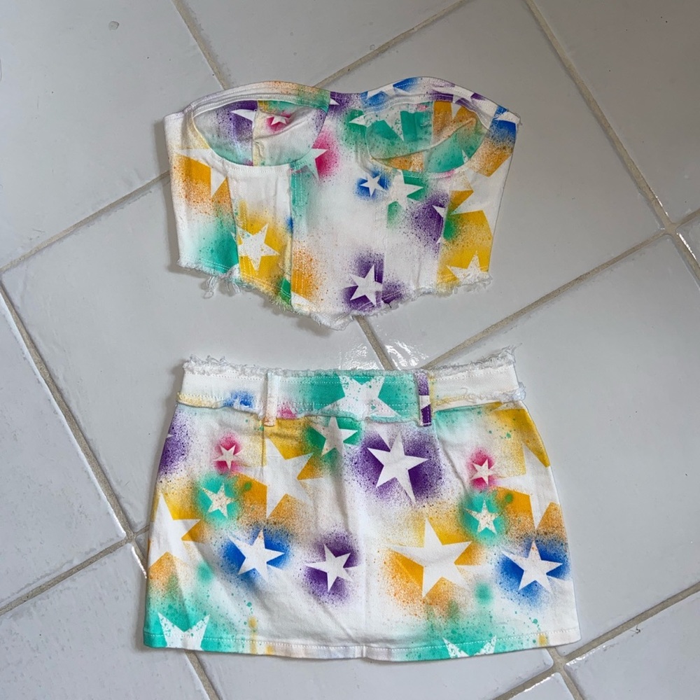 Star Print Bandana Denim Tube Top & Skirt